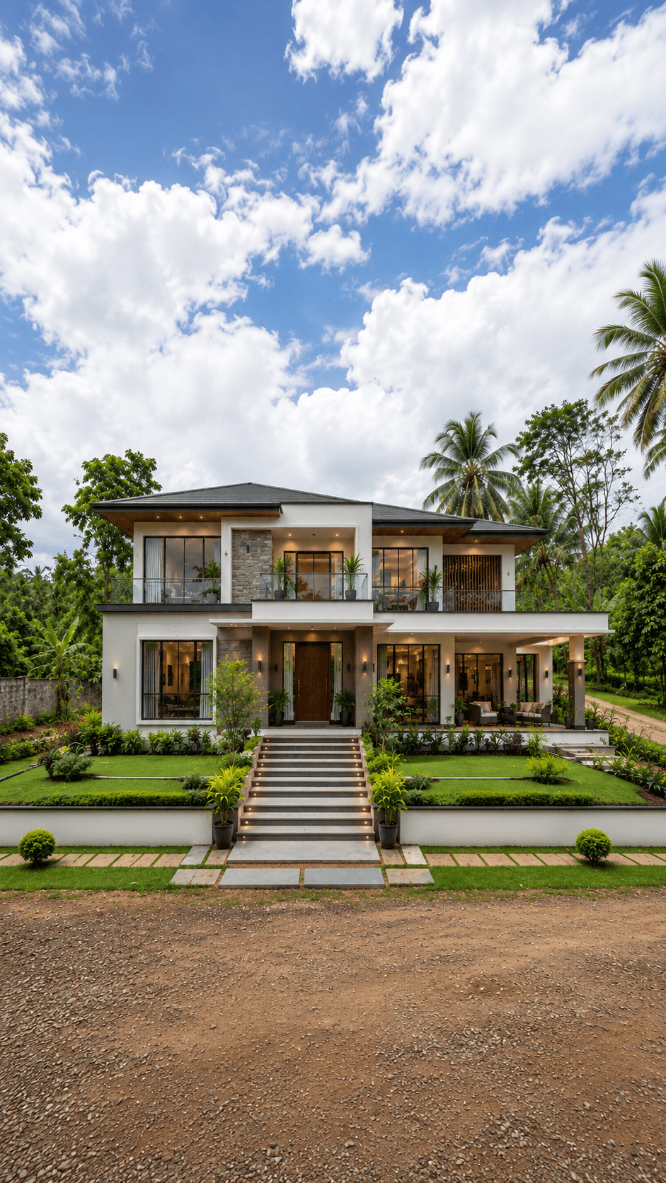 The finished two storey house standing on that same foundation, surrounded by garden